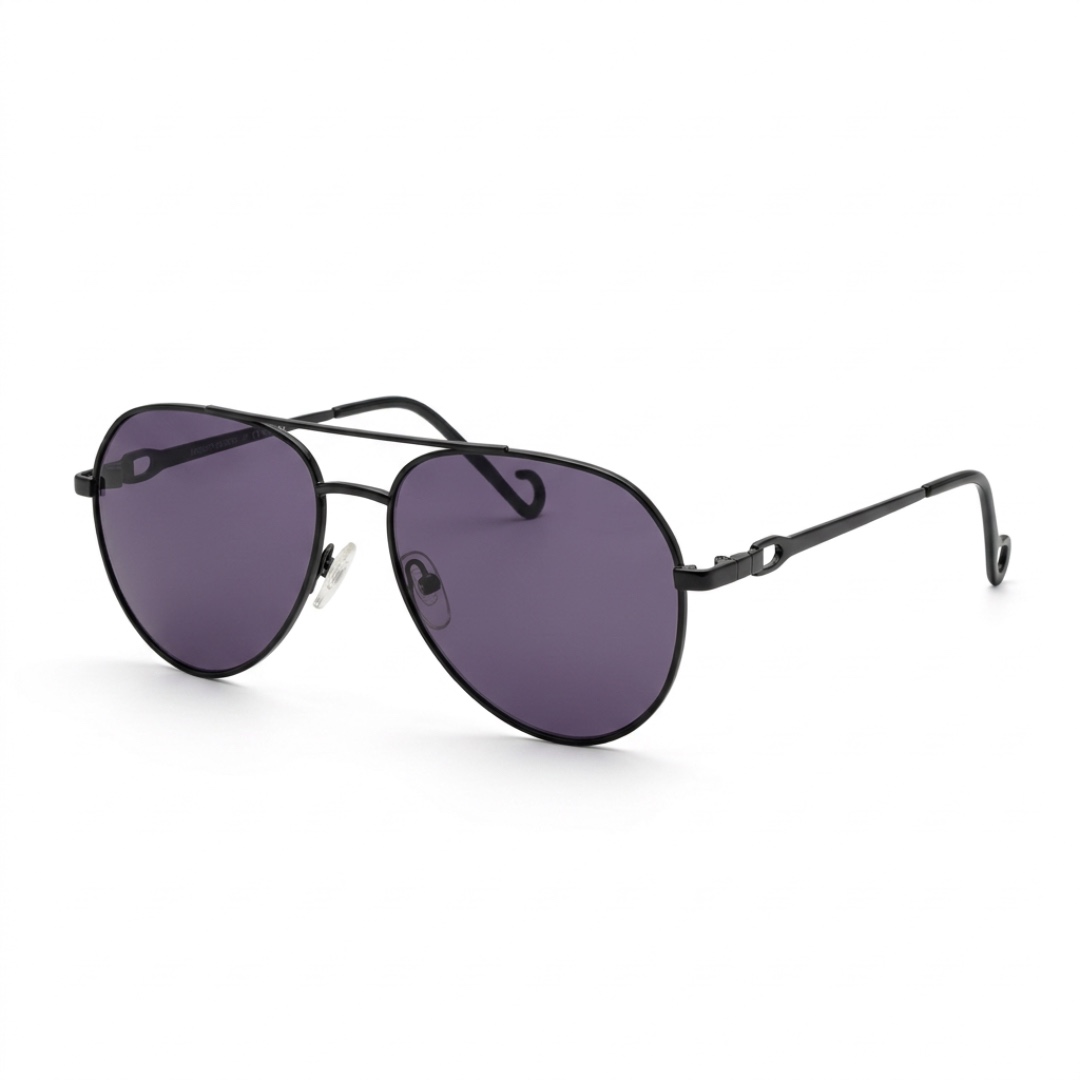 Sonnenbrille mit violetten Gläsern und schwarzem Metallrahmen